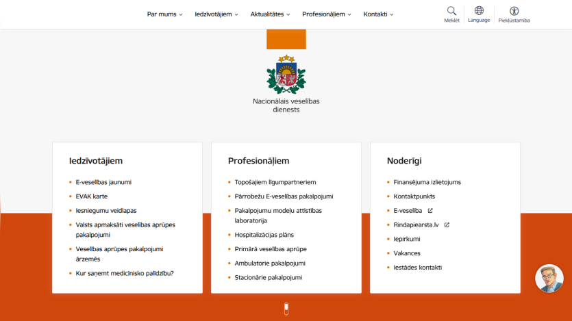 National Health Service website with navigation menu and sections for residents, professionals, and useful information