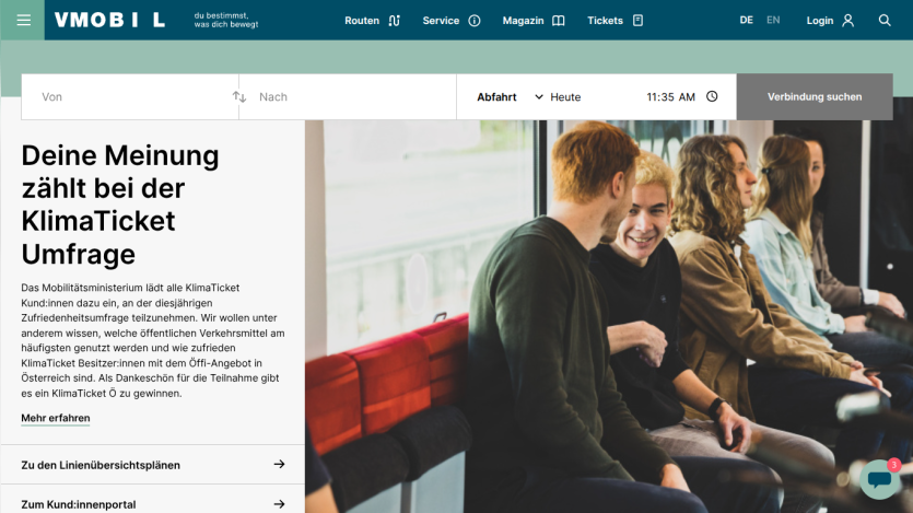 Public transport site with a survey invitation about KlimaTicket satisfaction and a group of young people sitting and talking.