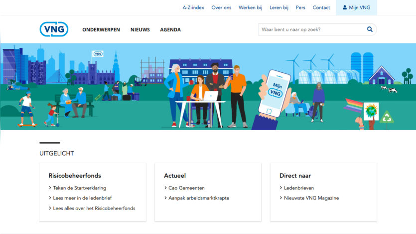 Homepage of VNO with navigation and sections for news, events, and updates.