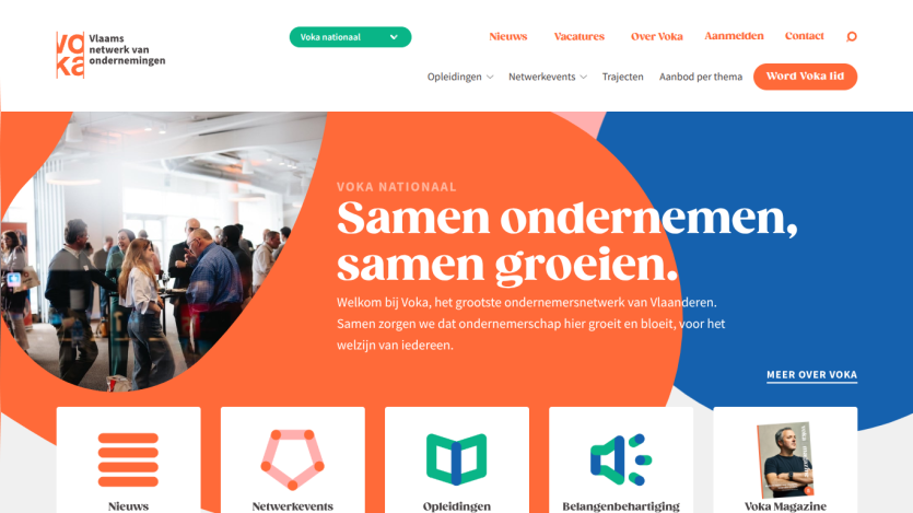 Voka national business network homepage with headline about growing entrepreneurship and navigation menu