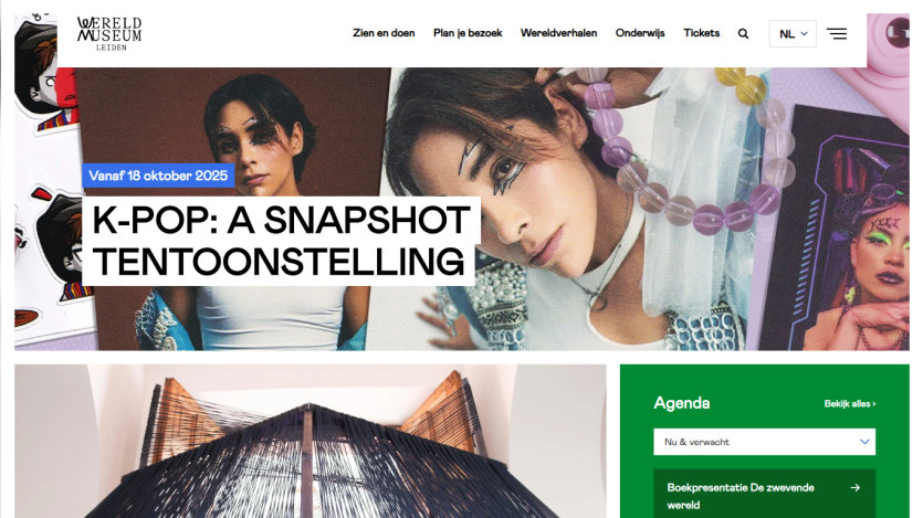 Wereldmuseum Leiden website showing K-POP exhibition announcement starting October 18, 2025, with agenda and navigation