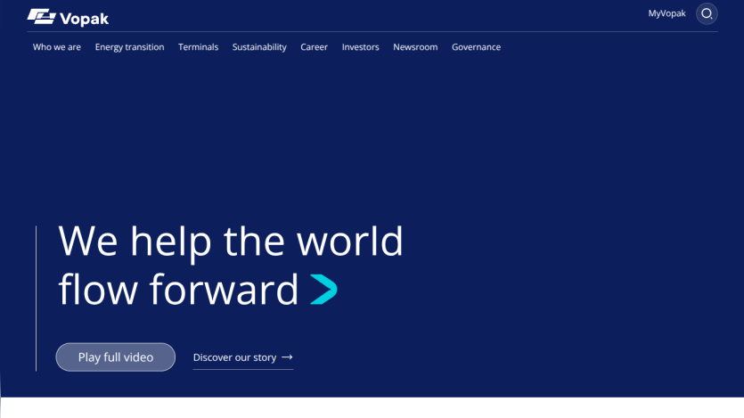 Corporate website hero section with headline 'We help the world flow forward' and buttons for video and story