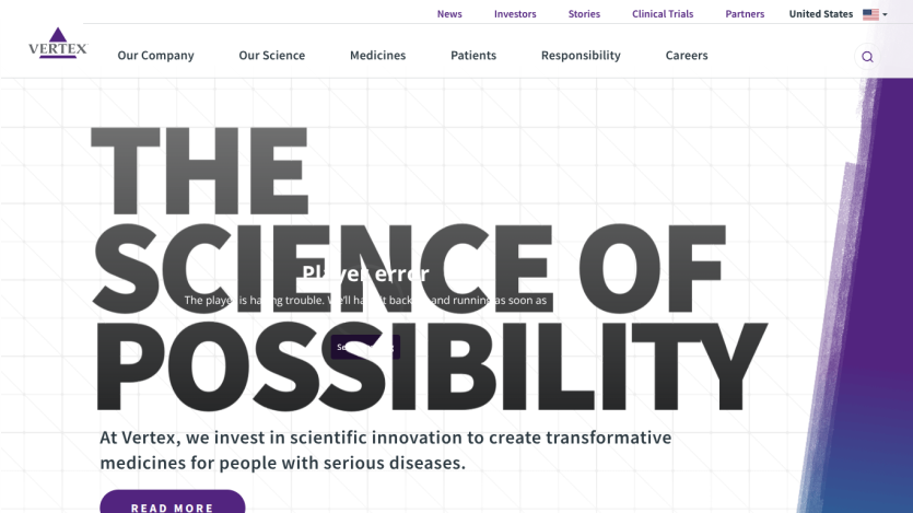 Vertex Pharmaceuticals homepage featuring 'The Science of Possibility' and a brief description.
