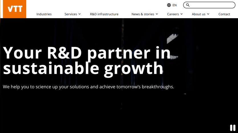 Homepage of VTT showcasing their R&D services with a focus on sustainable growth.