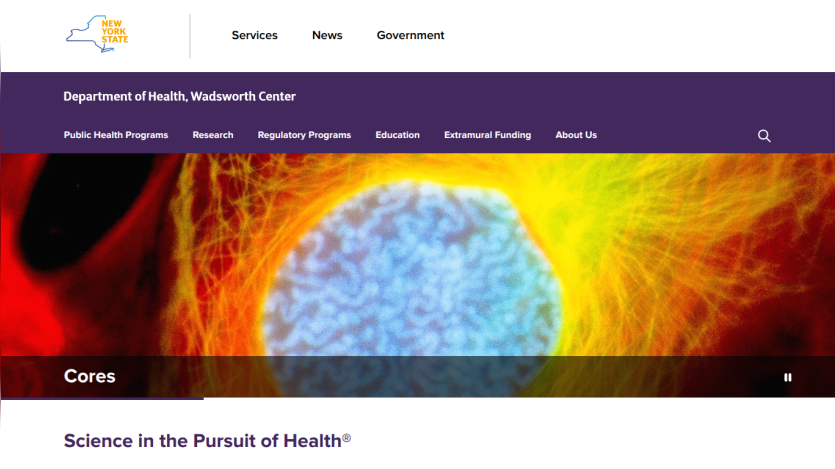 New York State Department of Health Wadsworth Center homepage with navigation and 'Science in the Pursuit of Health' headline.