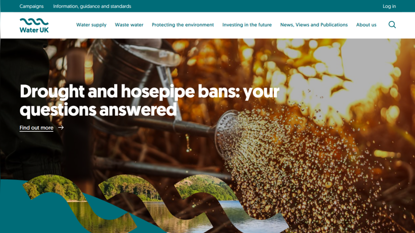 Water UK website homepage with headline about drought and hosepipe bans and navigation menu