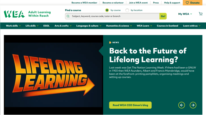 WEA adult learning site with navigation, course search, and featured news on lifelong learning
