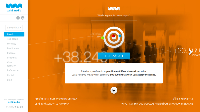 Web2media homepage showing top online media reach in Slovakia with user statistics and navigation menu