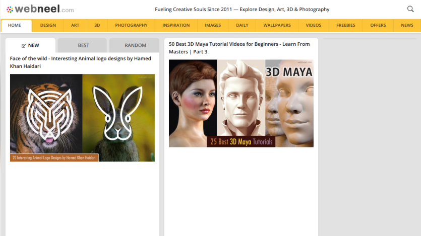 Webneel homepage featuring animal logo designs and 3D Maya tutorial videos.