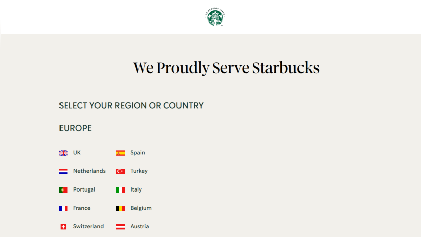 Starbucks region selection page listing European countries to choose from