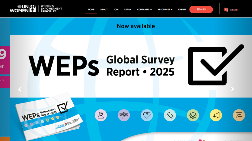 UN Women WEPs homepage announcing the Global Survey Report 2025 with navigation menu and sign in button