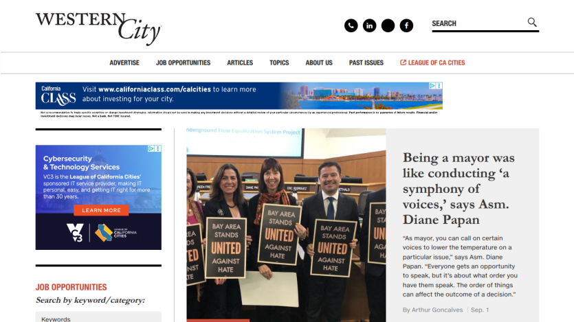 Article headline about mayors conducting a symphony of voices with four individuals holding signs.
