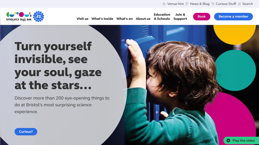 Science experience in Bristol with over 200 activities, featuring a child looking through a viewer and a call to action button.
