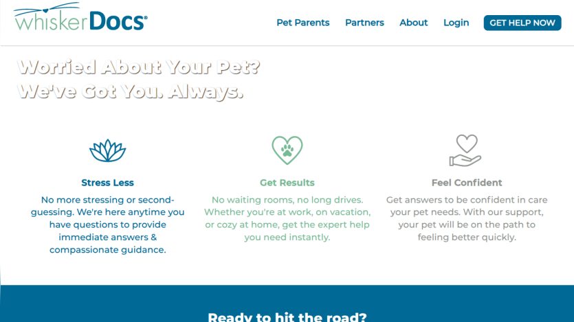 WhiskerDocs pet care service offering stress relief, instant expert help, and confidence for pet parents