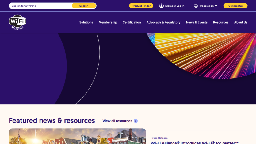 Website header with navigation and featured news section about Wi-Fi resources.