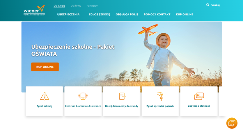 Insurance website homepage with school insurance offer and navigation menu in Polish