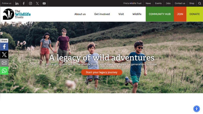 Website header with a nature-themed hero image and a call-to-action button.