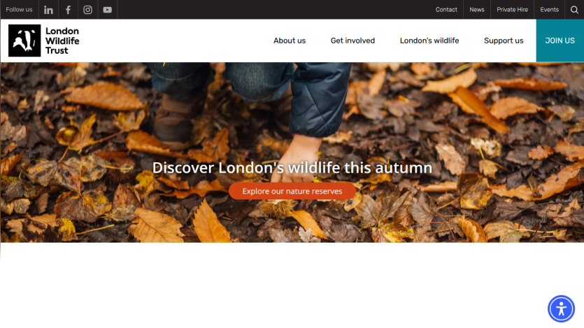 London Wildlife Trust homepage with navigation and a call to explore nature reserves this autumn
