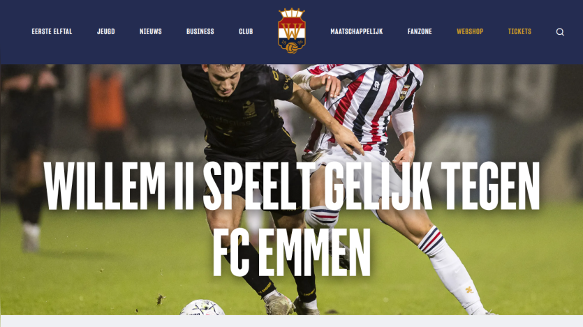 Football match action with headline about Willem II playing FC Emmen