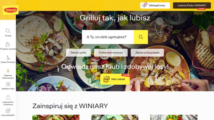 Homepage featuring grilled food options with a search bar and promotional text.