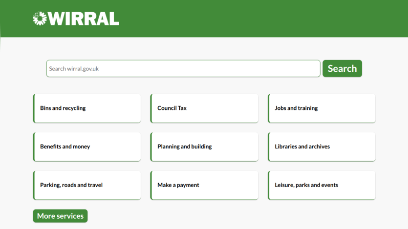 Wirral government website homepage with search bar and navigation links for bins, council tax, jobs, libraries, parking, payments, and leisure