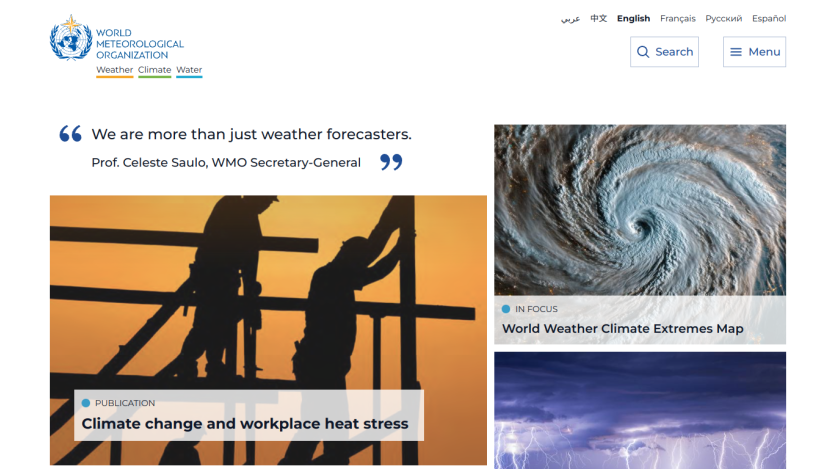 Homepage of the World Meteorological Organization featuring climate change information and a quote from the Secretary-General.