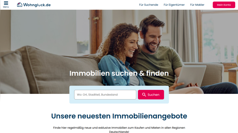 Real estate search website with a couple on a couch and a search bar for location, property type, and price