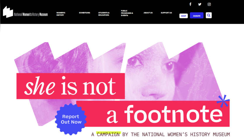 Campaign banner stating 'she is not a footnote' with a report button.