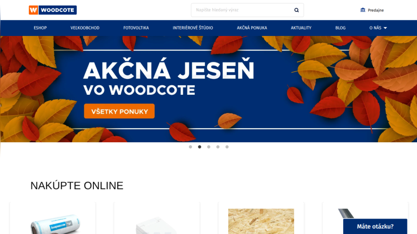 Woodcote website with autumn promotion banner and online shopping section featuring construction materials.