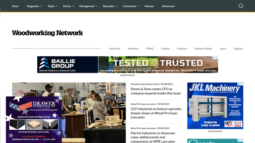 Woodworking Network homepage featuring articles, products, and advertisements.