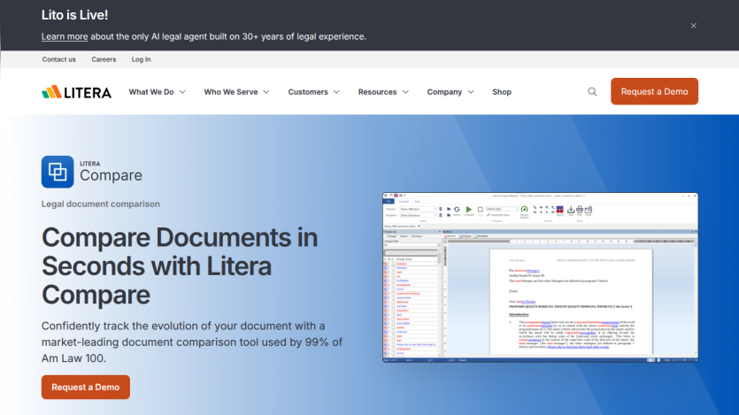 Litera Compare legal document comparison tool with headline, description, and demo request button