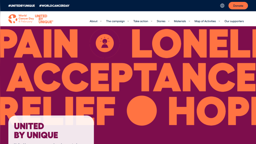 Campaign website featuring bold text on themes of pain, loneliness, acceptance, and hope.
