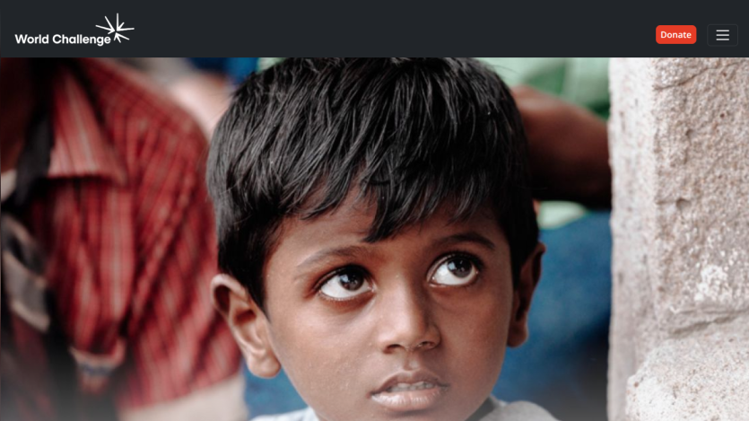 World Challenge website header with logo, donate button, menu, and close-up photo of a young boy