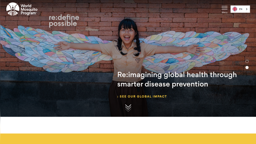 World Mosquito Program homepage with a girl posing in front of colorful wings mural and text about smarter disease prevention