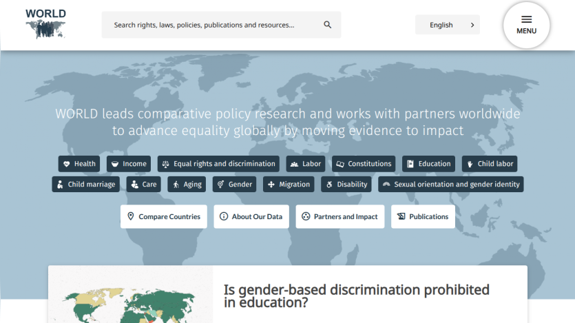 WORLD website homepage with global equality research focus, navigation buttons for topics and data resources