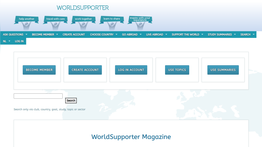 WorldSupporter homepage with navigation menu, membership options, search bar, and WorldSupporter Magazine section