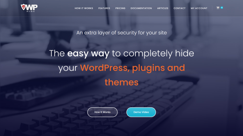 WP Hide homepage offering an easy way to hide WordPress, plugins, and themes with navigation and demo video button