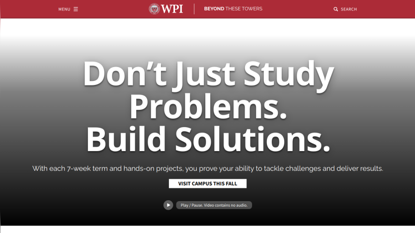 WPI homepage featuring a call to action about building solutions through hands-on projects.