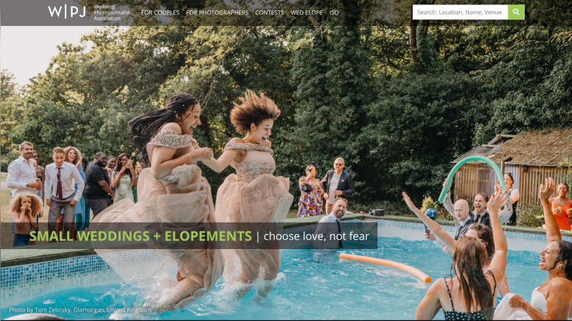 Wedding photography website hero with joyful group jumping into pool, tagline about small weddings and elopements