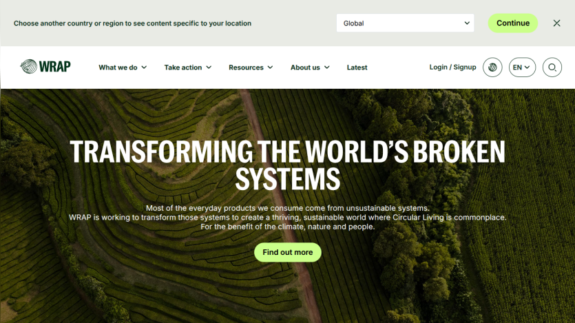 Homepage of WRAP with a focus on transforming broken systems and a call to action button.