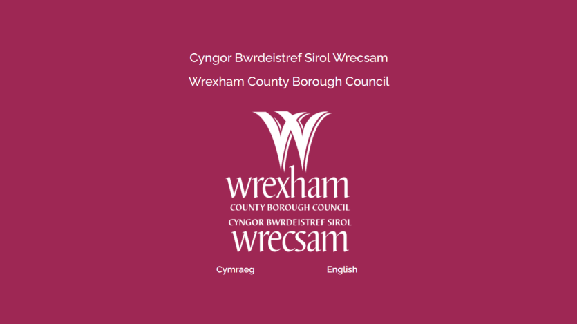 Wrexham County Borough Council logo with language options in Welsh and English on maroon background