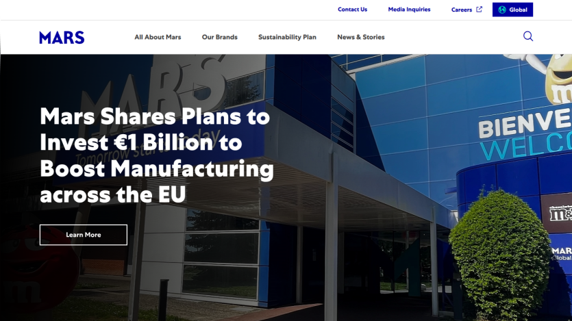 Mars website header with navigation and headline about investing €1 billion to boost manufacturing in the EU.