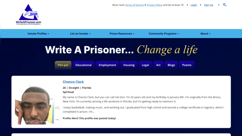 Profile page for Chance Clark, including personal details and interests.