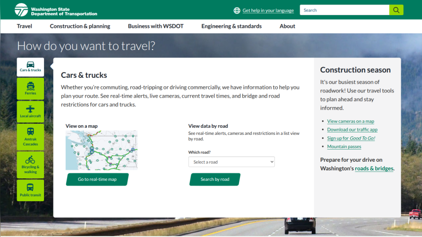 Travel options for cars and trucks with a map and input fields for route planning.