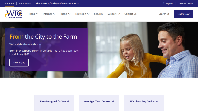 WTC Communications homepage with navigation, slogan 'From the City to the Farm', and call to action to view plans.