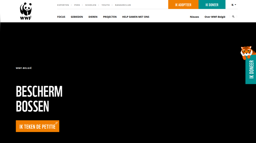 WWF Belgium homepage with navigation and call to action to protect forests and sign petition