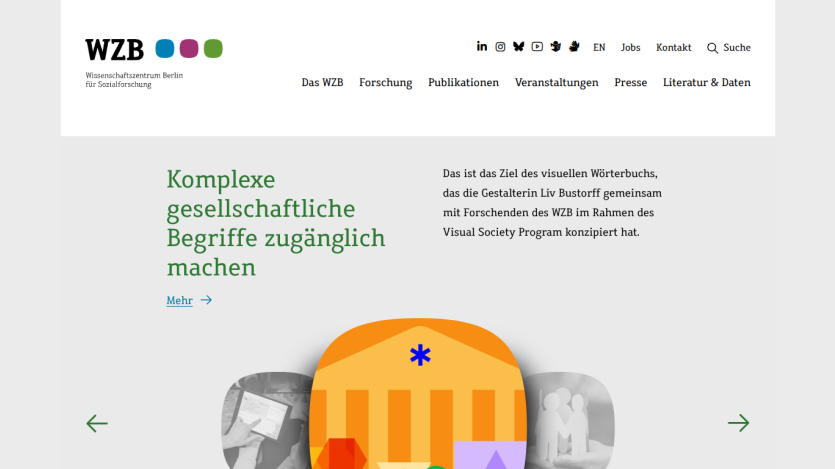 Homepage of WZB with a colorful illustration and text about making complex social concepts accessible.
