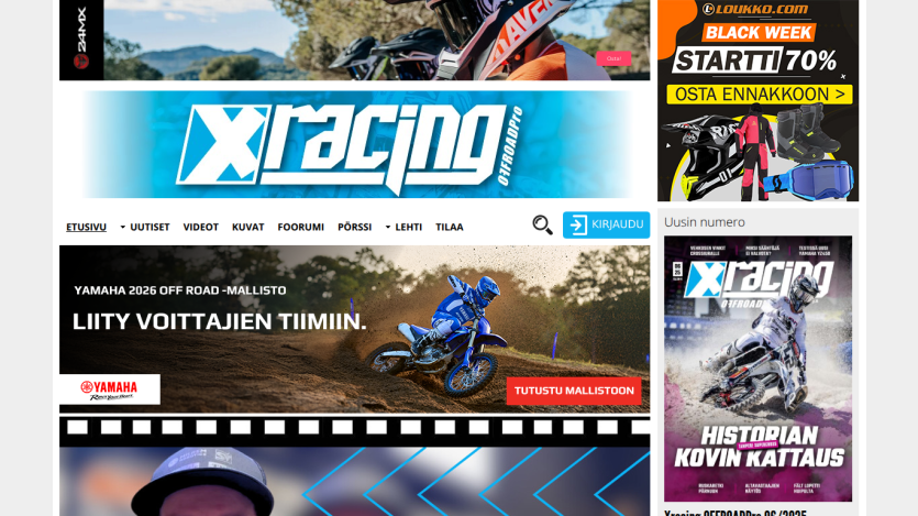 Xracing offroad website with Yamaha 2026 off road collection promotion and navigation menu