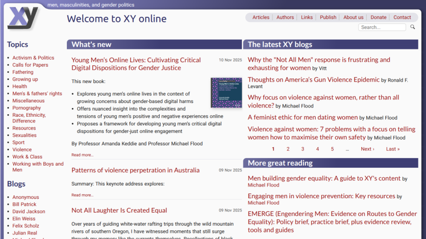 XY online homepage with topics, latest blogs, new book on young men's online lives, and gender politics articles
