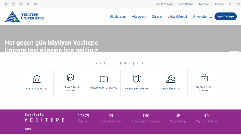 Homepage of Yeditepe University with navigation and key information displayed.